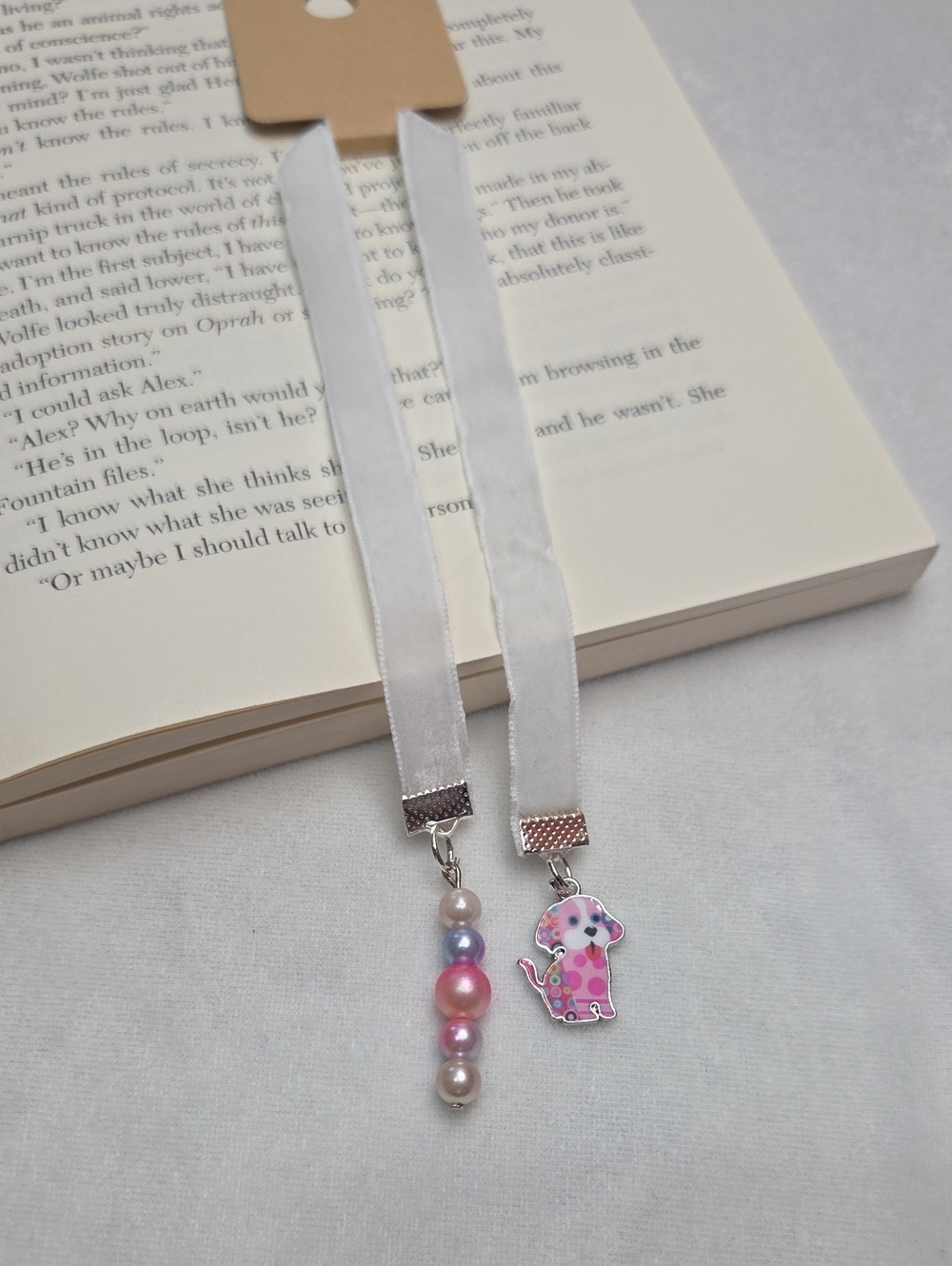 Handmade White Velvet Ribbon Beaded Bookmark Pink Dog Charm Handcrafted